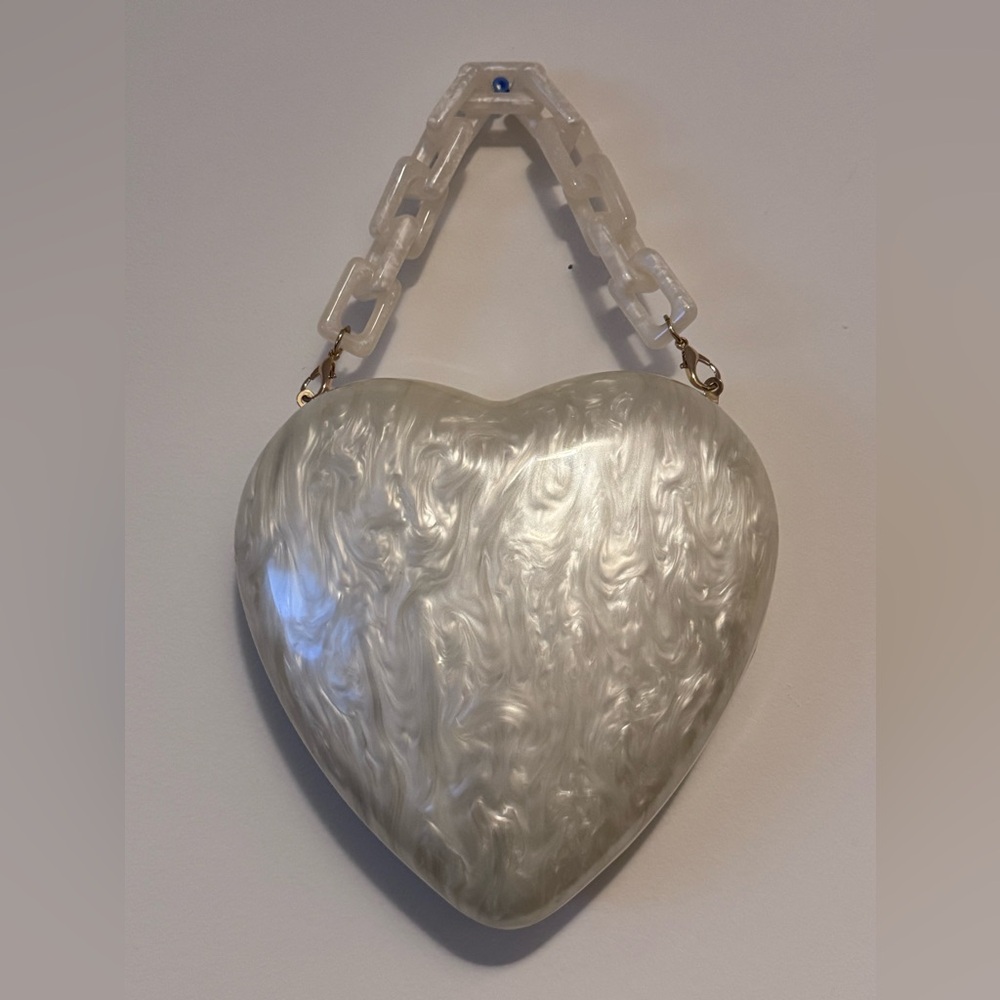 Rare Pearl Heart Shape Acrylic Clutch Purse Bag Clamshell